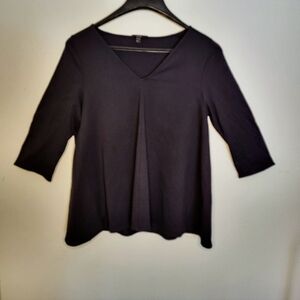 COS Black Trapeze Tunic Top Small V-Neck 3/4 Sleeve Minimalist A-Line Stretch Sm
